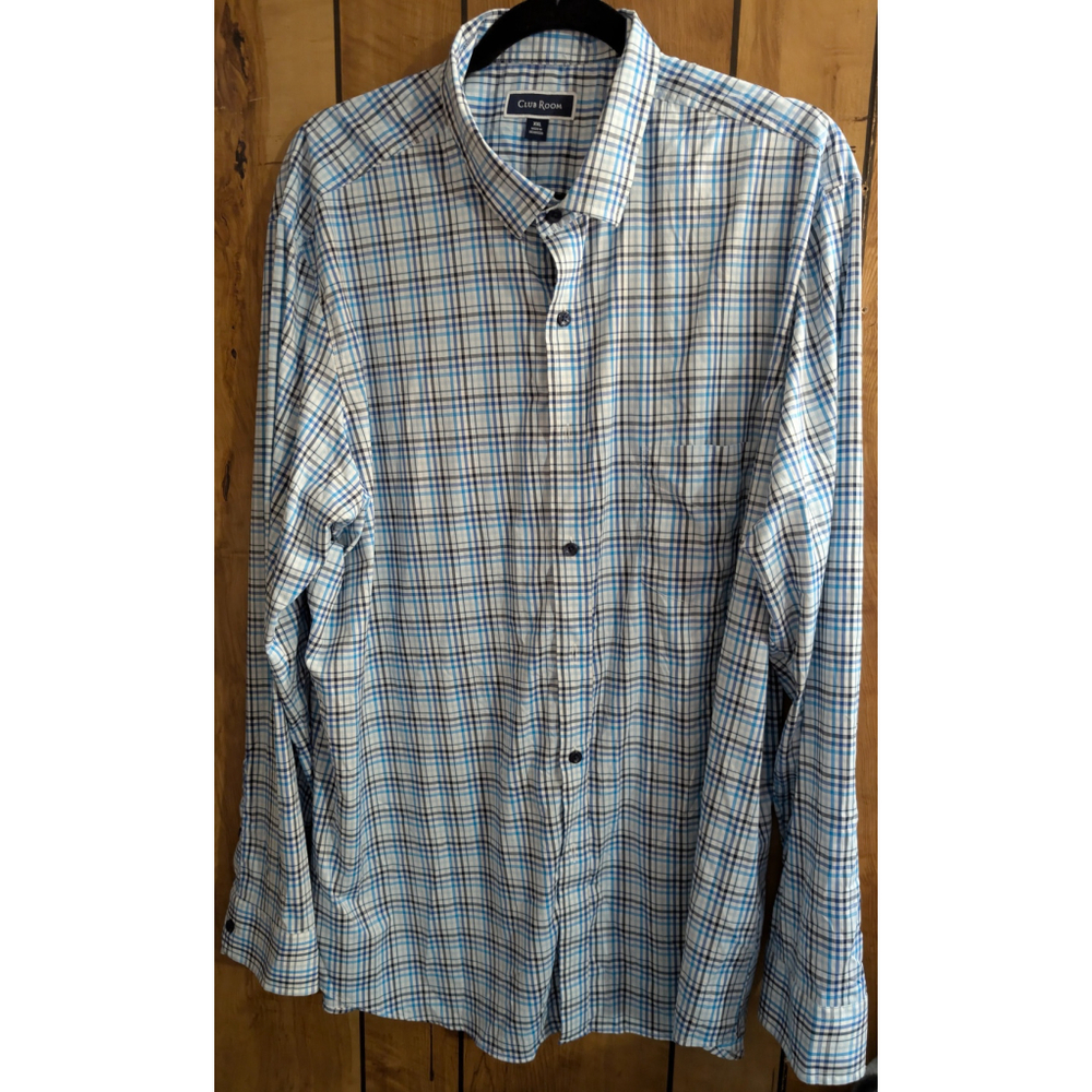 Club Room Big Mens Size XXL 2X Shirt Blue White Plaid Long Sleeve Button Up Down